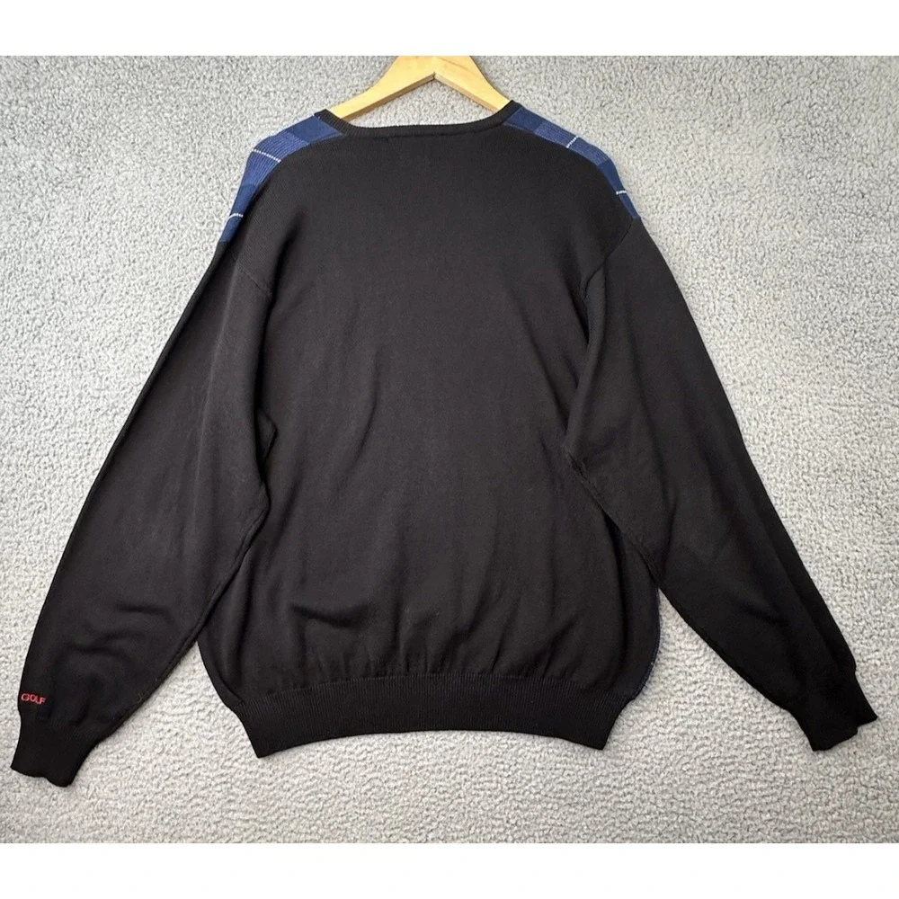 VINTAGE Polo Golf Ralph Lauren V Neck Sweater Mens 2XL Blue Black Plaid Knit